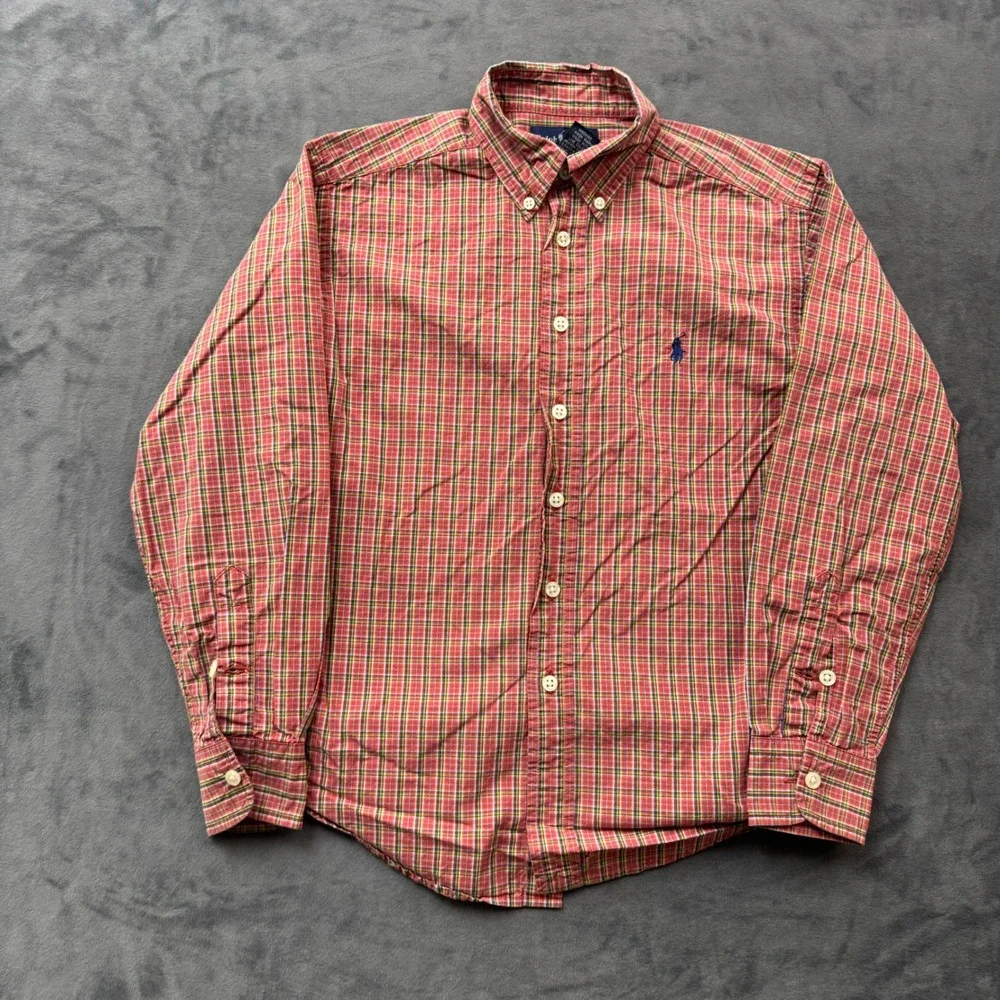 Ralph Lauren Boys Red Green Plaid Button Down Shirt Size S 8/10 Cotton LS